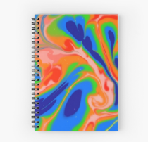 A spiral-bound notebook with a vibrant, multicolored abstract fluid art cover, shown against a plain white background.