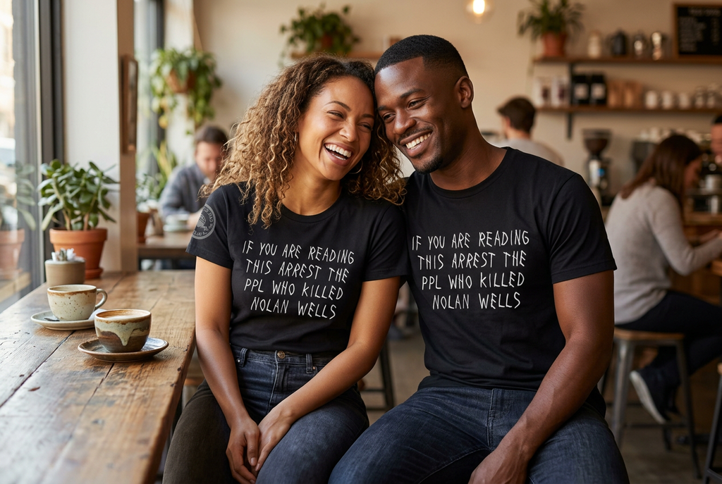 Black couple wearing matching shirts and sharing laughs at a coffee shop table