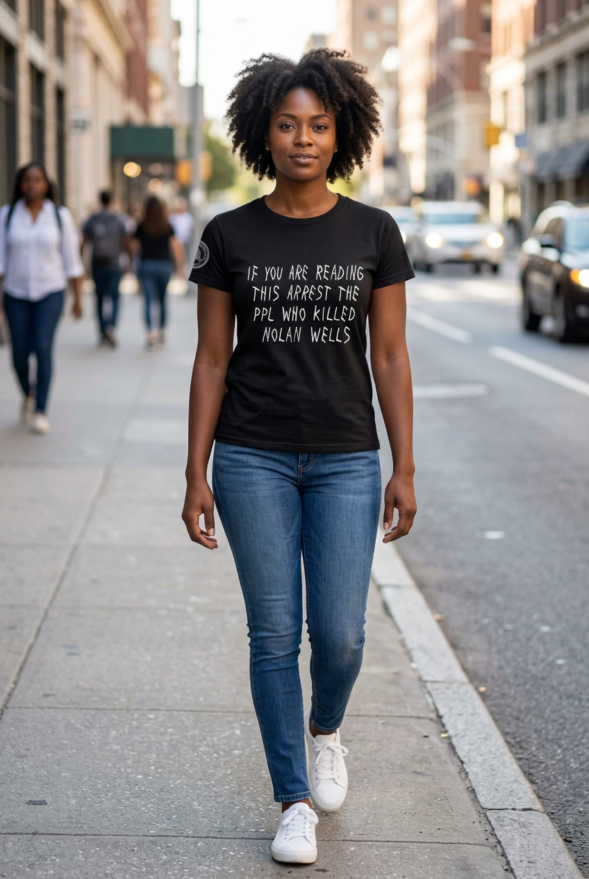 Black woman modeling your black shirt with blue jeans while walking along a city sidewalk