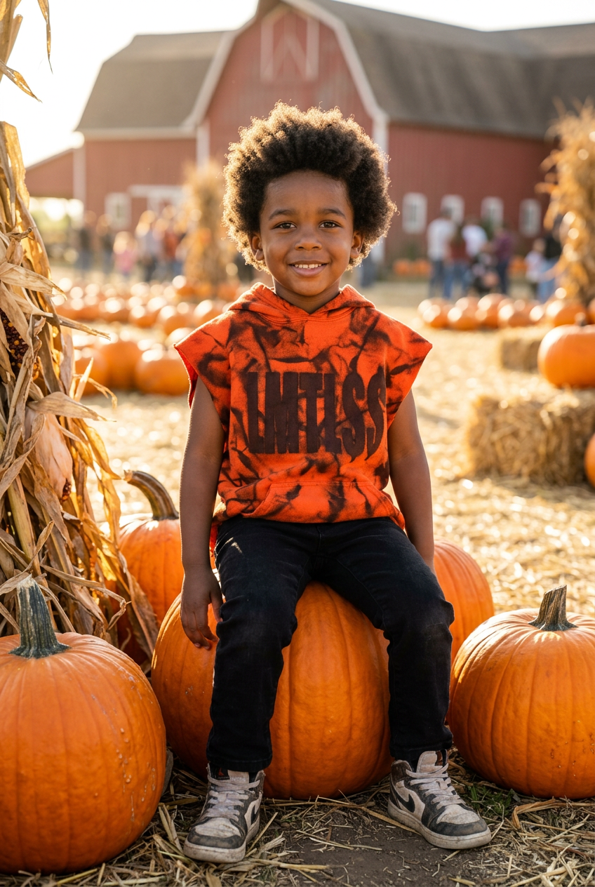 Boy wearing the sleeveless orange-and-black hoodie while sitting on a pumpkin at a pumpkin patch
