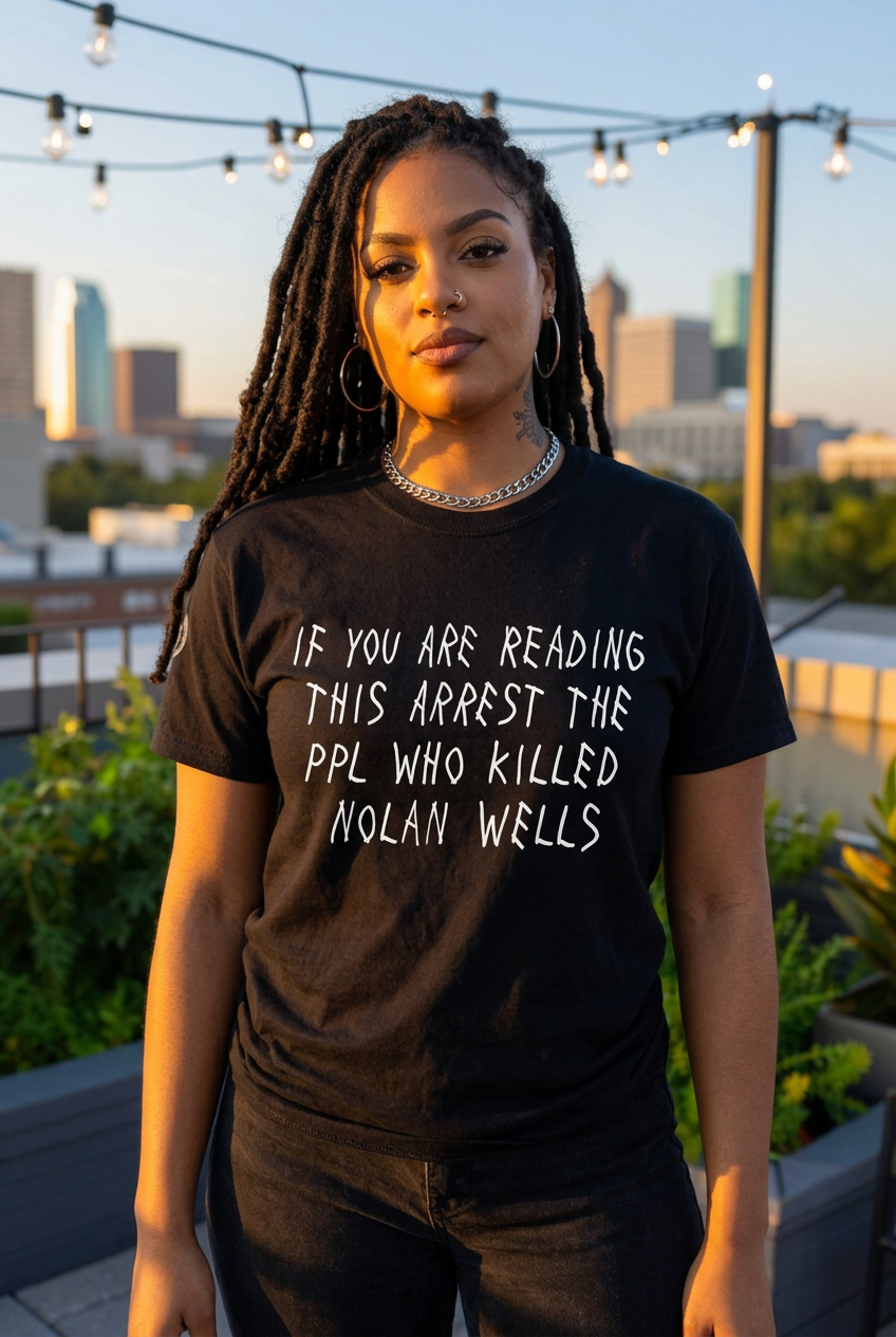 Golden-hour rooftop mockup wearing the Justice for Nolan Wells T-shirt