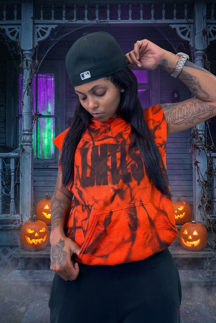 Halloween haunted-house background with glowing lights and pumpkins