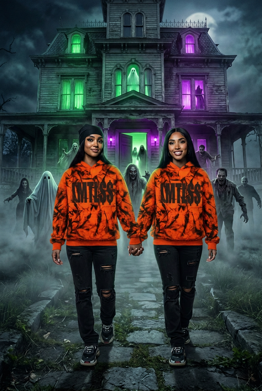 Haunted-house scene updated with both subjects wearing the orange-and-black hoodie from the reference.