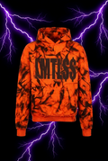Long-sleeve hoodie with the original front design on a purple lightning background