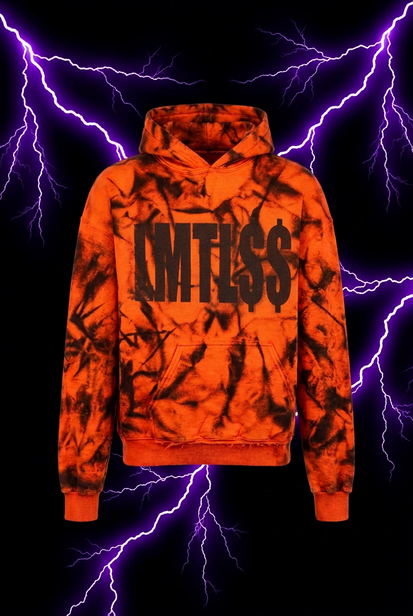 Long-sleeve hoodie with the original front design on a purple lightning background