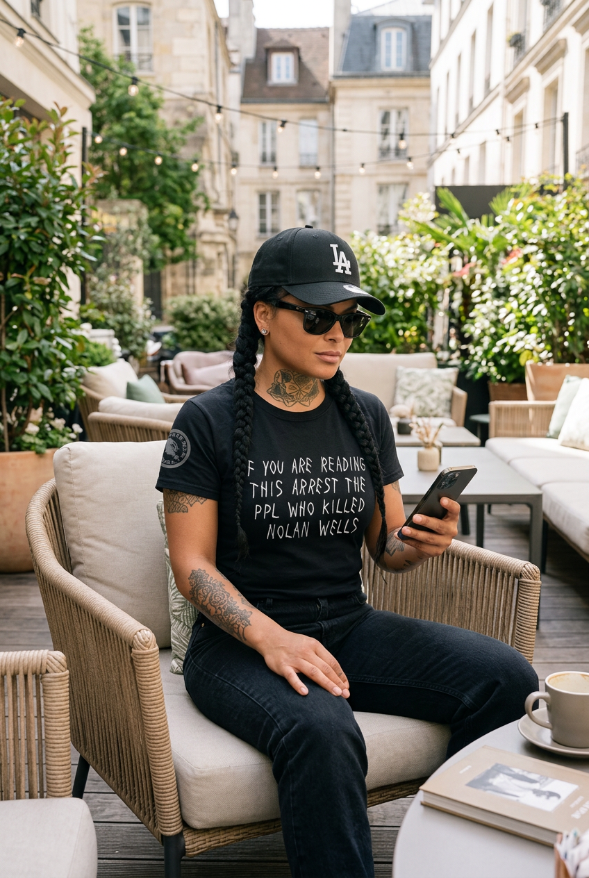 Your referenced model wearing the shirt and black jeans, seated at an outdoor lounge table holding her phone